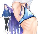  1girl :o armpits blue_hair bra brown_eyes denim english_text flat_chest hood hoodie idolmaster idolmaster_(classic) irohakaede jeans kisaragi_chihaya lace lace_bra long_hair looking_back multiple_views pants ribs shoes simple_background skinny sneakers sparkle underwear undressing white_background 