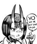  1girl bandaid bandaid_on_nose bob_cut chibi chin_rest commentary english_commentary english_text fate/grand_order fate_(series) fidget_spinner headpiece highres horns invader monochrome oni oni_horns pout profanity short_eyebrows short_hair shuten_douji_(fate/grand_order) solo speech_bubble 