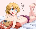  1girl animal_print aono3 ass bangs barefoot bear_print bed_sheet blonde_hair blue_eyes boko_(girls_und_panzer) boko_(girls_und_panzer)_(cosplay) braid breasts cleavage commentary cosplay darjeeling_(girls_und_panzer) eyebrows_visible_through_hair girls_und_panzer holding holding_pillow legs_up looking_to_the_side lying medium_breasts on_bed on_stomach open_mouth panties pillow pink_background print_pillow purple_panties short_hair smile solo tied_hair topless translated twin_braids underwear underwear_only 