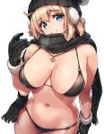  1girl bikini black_gloves blonde_hair blue_eyes blush breasts commentary_request cowboy_shot eyebrows_visible_through_hair fur_trim gloves hat highres large_breasts long_hair looking_at_viewer navel original scarf shimazu_tekkou simple_background smile solo string_bikini swimsuit white_background 