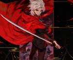  1boy amakusa_shirou_(fate) black_jacket black_pants brown_eyes cape closed_mouth fate/apocrypha fate_(series) holding holding_sword holding_weapon jacket katana long_sleeves looking_at_viewer male_focus mo_(mocopo) pants red_cape reverse_grip smile solo standing sword weapon white_hair 