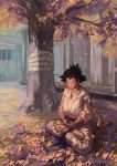  1girl ahruna_(akeru99) autumn autumn_leaves barefoot black_hair choker closed_eyes commentary dougi english_commentary highres karate_gi leaf lotus_position makoto_(street_fighter) maple_leaf meditation outdoors ribbon_choker short_hair solo spiked_hair street_fighter street_fighter_iii_(series) toes tree 