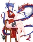  1girl arknights bangs bare_arms bare_legs bare_shoulders bead_bracelet beads blue_hair bracelet branch breasts ch&#039;en_(arknights) chair china_dress chinese_clothes chinese_commentary cleavage cleavage_cutout commentary_request double_bun dragon dress eastern_dragon eyebrows_visible_through_hair feet_out_of_frame hair_between_eyes hand_up high_heels highres holster horns jewelry large_breasts long_hair looking_at_viewer no_panties peiyuan_yuuya red_dress red_eyes red_footwear side_slit sidelocks simple_background sleeveless sleeveless_dress solo standing thigh_holster thighs white_background 