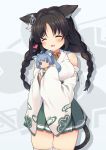  1girl :3 :d ^_^ anchor_hair_ornament animal_ear_fluff animal_ears asashio_(azur_lane) azur_lane bangs bell bell_choker black_hair blush braid breasts cat_ears cat_girl cat_tail character_doll choker closed_eyes commentary_request crown_braid detached_sleeves doll eyebrows_visible_through_hair green_skirt hair_ornament heart holding holding_doll japanese_clothes jingle_bell kimono large_breasts long_hair long_sleeves low_twintails nekono_rin ooshio_(azur_lane) open_mouth parted_bangs pleated_skirt red_choker skindentation skirt sleeveless sleeveless_kimono sleeves_past_wrists smile solo tail thighhighs twin_braids twintails very_long_hair white_kimono white_legwear white_sleeves wide_sleeves 