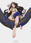  1girl armband barefoot black_ribbon breasts brown_hair chaos_(pixiv3726393) character_name crossed_legs crown earrings fate/grand_order fate_(series) from_below highres hoop_earrings ishtar_(fate)_(all) ishtar_(fate/grand_order) jewelry long_hair looking_at_viewer medium_breasts parted_lips red_eyes ribbon single_thighhigh stirrup_legwear thighhighs thighs toeless_legwear toes twintails white_background wristband 