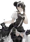  1girl agent_(girls_frontline) aiming aiming_at_viewer asymmetrical_hair bangs black_dress black_gloves black_hair black_legwear commentary_request cowboy_shot dated double_bun dress frilled_dress frills garter_straps girls_frontline gloves gun hair_between_eyes half_gloves horns maid_headdress nello_(luminous_darkness) puffy_short_sleeves puffy_sleeves sangvis_ferri short_hair short_sleeves silver_eyes simple_background solo thighhighs twitter_username weapon white_background 