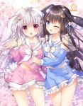  2girls :o ;d ameto_yuki animal_ears artist_name black_hair blue_eyes blue_ribbon blue_shirt blue_skirt blue_sleeves blurry blurry_background blush breasts bunny_ears bunny_girl bunny_tail cherry_blossoms collarbone commentary_request crescent crescent_hair_ornament depth_of_field detached_sleeves flower frilled_sailor_collar frilled_skirt frills hair_flower hair_ornament hair_ribbon hand_on_another&#039;s_shoulder heart heart_hair_ornament highres long_hair long_sleeves medium_breasts midriff_peek multiple_girls navel one_eye_closed one_side_up open_mouth original pink_flower pink_shirt pink_skirt pink_sleeves pleated_skirt red_eyes ribbon sailor_collar school_uniform serafuku shirt silver_hair skirt sleeveless sleeveless_shirt smile standing star tail very_long_hair white_neckwear white_sailor_collar 