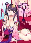  1girl amanekuu breasts cherry_blossoms copyright_request flower hair_flower hair_ornament highres long_hair nipples purple_eyes purple_hair saishi sitting solo thigh_strap tongue tongue_out twintails 