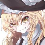  1girl black_vest blonde_hair braid fall_dommmmmer hair_between_eyes hat head_tilt high_collar kirisame_marisa long_hair looking_at_viewer shaded_face shirt sidelighting simple_background single_braid sneer solo touhou upper_body very_long_hair vest white_background white_shirt witch_hat yellow_eyes 