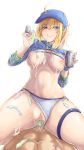  1boy 1girl ahoge artoria_pendragon_(all) bangs baseball_cap beer_can bikini bikini_aside bikini_lift blonde_hair blue_eyes blue_headwear blue_jacket blush breasts can closed_mouth condom condom_wrapper cowgirl_position cropped_jacket cum fate/grand_order fate_(series) girl_on_top hair_between_eyes hair_through_headwear hat hetero highres jacket large_breasts licking_lips long_hair looking_at_viewer mysterious_heroine_xx_(foreigner) navel nipples penis ponytail pussy renkon_(s36tereste) sex shrug_(clothing) sidelocks simple_background smile spread_legs straddling sweat swimsuit thigh_strap thighs tongue tongue_out used_condom vaginal white_background white_bikini wristband 
