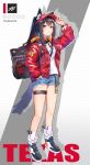  1girl alternate_costume animal_ears arknights arm_up backpack bag black_hair blue_shorts character_name collared_shirt commentary_request cutoffs denim denim_shorts exposed_pocket food full_body hand_in_pocket highres jacket long_hair long_sleeves looking_at_viewer mouth_hold multicolored_hair omelet_tomato open_clothes open_jacket pocky ponytail red_jacket shirt shoes short_shorts shorts sneakers socks solo tail texas_(arknights) thigh_strap thighs twitter_username two-tone_hair visor_cap white_legwear white_shirt wolf_ears wolf_girl wolf_tail yellow_eyes 