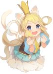  1girl :3 :d animal_ear_fluff animal_ears bangs blonde_hair blue_dress blue_eyes blush breastplate cat_ears cat_girl cat_tail charlotta_fenia claw_pose commentary_request crown dress eyebrows_visible_through_hair fang granblue_fantasy hands_up harvin kemonomimi_mode long_hair looking_at_viewer mini_crown o_(rakkasei) open_mouth pointy_ears puffy_short_sleeves puffy_sleeves short_sleeves simple_background smile solo tail v-shaped_eyebrows very_long_hair white_background 