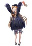  1girl :d abigail_williams_(fate/grand_order) arms_up bangs black_bow black_dress black_footwear black_headwear blonde_hair bloomers blue_eyes bow bug butterfly commentary_request dress fangs fate/grand_order fate_(series) full_body hair_bow hat holding holding_stuffed_animal insect long_hair long_sleeves looking_away no_socks o_(rakkasei) open_mouth orange_bow parted_bangs shoes simple_background sleeves_past_fingers sleeves_past_wrists smile solo stuffed_animal stuffed_toy teddy_bear underwear v-shaped_eyebrows very_long_hair white_background 