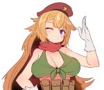  1girl ak47_(girls_frontline) bare_shoulders belt blush bra braid breasts commentary_request girls_frontline gloves green_bra grin hair_flaps hand_up hat large_breasts long_hair looking_at_viewer one_eye_closed orange_hair pouch purple_eyes red_headwear simple_background smile solo sumiyao_(amam) underwear upper_body waving white_background white_gloves 