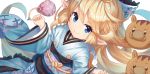  1girl animal bangs blonde_hair blue_bow blue_eyes blue_kimono blush boar bow braid charlotta_fenia closed_mouth commentary_request dutch_angle eyebrows_visible_through_hair granblue_fantasy hair_bow hands_up harvin holding japanese_clothes kimono long_hair long_sleeves looking_at_viewer o_(rakkasei) obi pointy_ears sash simple_background smile solo very_long_hair white_background wide_sleeves 