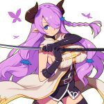  1girl asymmetrical_gloves black_gloves black_legwear blue_eyes braid breasts bug butterfly draph elbow_gloves gloves granblue_fantasy hair_over_one_eye holding holding_sword holding_weapon horns insect katana large_breasts long_hair looking_at_viewer metata narmaya_(granblue_fantasy) pointy_ears purple_hair simple_background single_braid single_elbow_glove solo sword thighhighs weapon white_background 