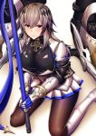  1girl azur_lane breastplate breasts cannon corset eyebrows_visible_through_hair fleur_de_lis gauntlets grey_hair hair_between_eyes hair_ornament highres holding holding_polearm holding_spear holding_weapon large_breasts light_blush long_hair looking_at_viewer moepush mole mole_under_eye pleated_skirt polearm red_eyes saint-louis_(azur_lane) skirt spear unitard weapon white_footwear white_skirt 