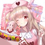  &gt;_&lt; 1girl ;) absurdres apron bandaged_arm bandages birthday_cake brown_hair bunny_hair_ornament cake candle closed_mouth collared_shirt commentary_request fang fang_out fire food fork fruit hair_ornament happy_birthday hat heart highres holding holding_fork long_hair looking_at_viewer natori_sana nurse_cap one_eye_closed pink_apron pink_headwear puffy_short_sleeves puffy_sleeves red_eyes sana_channel shibakame shirt short_sleeves smile solo two_side_up upper_body v-shaped_eyebrows virtual_youtuber white_shirt 