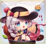  1girl black_headwear blue_eyes border bow candy candy_cane chibi chocolate_doughnut doughnut flower food frilled_sleeves frills green_hair hat hat_bow hat_flower ice_cream komeiji_koishi long_sleeves macaron medium_hair muffin orchid_(pixiv3730518) oversized_object solo third_eye touhou wide_sleeves 