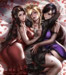  1boy 2girls absurdres aerith_gainsborough ass black_dress black_hair blonde_hair breasts brown_hair cleavage cloud_strife crossdressing dress final_fantasy final_fantasy_vii final_fantasy_vii_remake highres liang_xing looking_at_viewer multiple_girls paid_reward patreon_reward petals purple_dress red_dress rose_petals smile spiked_hair tifa_lockhart 