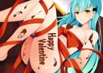  1girl aqua_hair ass bare_shoulders barefoot bound bound_wrists breasts chocolate_on_body cleavage dutch_angle english_text eyebrows_visible_through_hair food_between_breasts green_eyes hair_ornament hairclip happy_valentine head_tilt kantai_collection large_breasts long_hair looking_at_viewer naked_ribbon ribbon solo suzuya_(kantai_collection) ton_ton_tontoro underboob valentine 