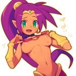 1girl breasts dark_skin earrings green_eyes inverted_nipples jewelry large_breasts long_hair looking_at_viewer metata navel o-ring o-ring_top open_mouth pointy_ears ponytail purple_hair shantae_(character) shantae_(series) simple_background solo sweat underboob white_background 