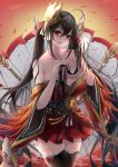  1girl absurdres ahoge azur_lane bangs bare_shoulders black_hair blush breasts cleavage collarbone dress eyebrows_visible_through_hair hair_between_eyes hair_ornament highres huge_filesize large_breasts long_hair looking_at_viewer open_mouth red_dress red_eyes shiba_930 smile solo taihou_(azur_lane) thighhighs very_long_hair 