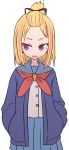  1girl bangs_pinned_back blonde_hair blue_jacket blue_sailor_collar blue_skirt blush_stickers commentary flip_flappers forehead hands_in_pockets highres jacket long_sleeves multicolored_hair neckerchief open_mouth pleated_skirt purple_eyes red_neckwear sailor_collar school_uniform serafuku shirt short_hair simple_background skirt solo streaked_hair sumiyao_(amam) topknot tsurime upper_body white_background white_shirt yayaka 
