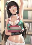  1girl arm_up armpits bangs black_gloves black_hair blunt_bangs blush book book_stack bookshelf breasts choker choukai_(kantai_collection) collarbone commentary_request eyebrows_visible_through_hair glasses gloves groin hair_ornament hat headgear highres holding holding_book indoors kantai_collection kuromayu large_breasts library long_hair midriff navel open_mouth pleated_skirt red_eyes remodel_(kantai_collection) rimless_eyewear skirt solo 