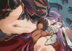  2girls blue_background breast_press breasts clenched_teeth commentary_request fate/grand_order fate_(series) from_below gorgon_(fate) grin hair_intakes highres large_breasts long_hair midriff moruga multiple_girls navel pink_eyes purple_hair rider smile snake_hair symmetrical_docking teeth underwear very_long_hair 
