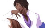  1boy arjuna_(fate/grand_order) black_hair brown_eyes brown_hair cigarette couch dark_skin dark_skinned_male fate/grand_order fate_(series) formal holding holding_cigarette open_clothes open_shirt pako solo suit upper_body 