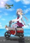  1girl absurdres ahoge aircraft airplane blue_sky boots bow bowtie cloud commentary_request cross-laced_footwear day driving full_body grey_eyes grey_hair grey_legwear ground_vehicle hair_between_eyes hair_bun halterneck highres honda_motocompo horizon kantai_collection kiyoshimo_(kantai_collection) lace-up_boots lens_flare long_hair low_twintails m6a_seiran minibike motocompo motor_vehicle motorcycle ocean outdoors pantyhose riding shirt sky skypixter solo twintails very_long_hair white_shirt 