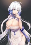  1girl ahoge azur_lane bangs blue_eyes breasts bursting_breasts china_dress chinese_clothes cleavage cleavage_cutout commentary_request dress eyebrows_visible_through_hair finger_to_chin flower garter_straps hair_between_eyes hair_flower hair_ornament hand_on_own_chest highres illustrious_(azur_lane) illustrious_(maiden_lily&#039;s_radiance)_(azur_lane) large_breasts long_hair looking_at_viewer low_twintails mole mole_under_mouth open_mouth panties side_slit twintails underwear very_long_hair white_dress white_panties yami_kyon_oov 