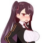  1girl bangs black_jacket blush braid breasts collared_shirt commentary embarrassed eyebrows_visible_through_hair girls_frontline hair_ribbon hand_on_hip jacket large_breasts long_hair long_sleeves looking_at_viewer necktie nose_blush one_side_up open_mouth red_eyes red_hair red_neckwear red_ribbon ribbon shirt simple_background solo sumiyao_(amam) upper_body wa2000_(girls_frontline) white_background white_shirt wing_collar 