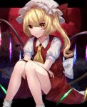  1girl arm_rest bangs blonde_hair bobby_socks cloud cloudy_sky cravat expressionless eyebrows_visible_through_hair feet_out_of_frame flandre_scarlet hair_between_eyes hat highres knees_together_feet_apart looking_at_viewer mob_cap moon mozuno_(mozya_7) night one_side_up outdoors puffy_short_sleeves puffy_sleeves red_eyes red_moon red_skirt red_vest shirt short_hair short_sleeves sitting skirt sky socks solo touhou vest white_headwear white_legwear white_shirt wings yellow_neckwear 