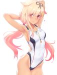  1girl armpits arms_up bangs blonde_hair blush breasts collarbone competition_swimsuit dan_(kumadan) eyebrows_visible_through_hair hair_between_eyes hair_flaps hair_ornament hair_ribbon hairclip heart highleg highleg_swimsuit highres kantai_collection lips long_hair looking_at_viewer low_twintails medium_breasts one-piece_swimsuit parted_lips red_eyes remodel_(kantai_collection) ribbon sideboob simple_background solo swimsuit tan tanline twintails whistle whistle_around_neck white_background white_swimsuit yuudachi_(kantai_collection) 