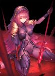  1girl arm_support duan_henglong fate/grand_order fate_(series) gloves high_heels highres long_hair looking_up polearm red_eyes scathach_(fate)_(all) scathach_(fate/grand_order) see-through shoulder_armor sitting skin_tight solo spaulders spear wariza weapon 