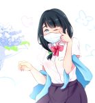  1girl black_hair blanket blue_eyes blush bouquet bow bowtie flower happy hassu heart idleanticsart long_hair low-tied_long_hair mask mouth_mask one_eye_closed red_neckwear school_uniform scrunchie short_sleeves ssss.gridman surgical_mask tears white_background wiping_tears 