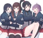  4girls :d ^_^ ^o^ agano_(kantai_collection) antenna_hair black_hair black_legwear black_sweater blush braid breasts brown_eyes brown_hair closed_eyes collared_shirt facing_another green_eyes jersey kantai_collection large_breasts long_hair looking_at_another multiple_girls noshiro_(kantai_collection) open_mouth pleated_skirt ponytail purple_hair red_skirt sakawa_(kantai_collection) shirt short_hair simple_background single_thighhigh sitting skirt smile sweater thighhighs totto_(naka) turtleneck turtleneck_sweater twin_braids white_background white_legwear white_shirt white_sweater yahagi_(kantai_collection) 
