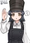  1girl arare_(kantai_collection) black_hair bobokuboboku brown_eyes character_name commentary_request dated dress hat kantai_collection long_sleeves open_palm pinafore_dress remodel_(kantai_collection) shirt short_hair solo twitter_username upper_body white_shirt 