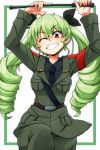  1girl ;) anchovy_(girls_und_panzer) anzio_military_uniform aono3 arms_up bangs belt black_belt black_neckwear black_shirt commentary dress_shirt drill_hair eyebrows_visible_through_hair girls_und_panzer green_background green_hair grey_jacket grey_pants grin highres holding jacket leg_up long_hair long_sleeves looking_at_viewer military military_uniform necktie one_eye_closed outside_border pants red_eyes riding_crop sam_browne_belt shirt smile solo standing standing_on_one_leg twin_drills twintails uniform wing_collar 