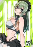  1girl artist_name bangs black_collar black_hairband black_panties black_skirt blue_neckwear breasts closed_mouth collar commentary detached_collar frilled_collar frilled_hairband frills from_side green_eyes green_hair grey_bikini_top grey_legwear hairband hand_on_own_chest highleg highleg_panties highres long_hair looking_at_viewer medium_breasts navel neck_ribbon original panties pink_x ribbon signature sitting skirt smile solo thighhighs underwear 