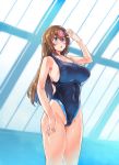  1girl alternate_costume bangs blue_eyes breasts brown_hair competition_swimsuit fujisaki_yua highres jisedai_youtuber_yua kiyama_satoshi large_breasts long_hair one-piece_swimsuit open_mouth partially_visible_vulva pool rei_no_pool solo swimsuit symbol_on_forehead virtual_youtuber 