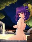  1girl ass back bangs blunt_bangs blush breasts bucket closed_mouth dragon_wings eyelashes fence fire_emblem fire_emblem:_the_sacred_stones healther highres lantern looking_at_viewer manakete mountain myrrh_(fire_emblem) night night_sky nipples nude onsen outdoors outstretched_hand pink_eyes purple_hair reaching_out sitting sky small_breasts smile solo star_(sky) starry_sky towel tree twintails water wings 