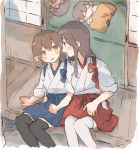  4girls akagi_(kantai_collection) arm_around_waist blush brown_hair dual_persona ina_(1813576) kaga_(kantai_collection) kantai_collection long_hair multiple_girls porch side_ponytail sitting sketch sleeping smile younger yuri 