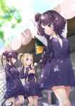  3girls abigail_williams_(fate/grand_order) absurdres backpack bag bangs black_bag black_bow black_hair black_jacket black_shirt black_skirt blonde_hair blue_eyes bow braid breasts commentary_request double_bun eyebrows_visible_through_hair fate/grand_order fate_(series) food hair_bow hair_bun hair_ornament hairclip hane_yuki highres holding ice_cream ice_cream_cone jacket katsushika_hokusai_(fate/grand_order) long_hair long_sleeves medium_breasts medium_hair multiple_girls open_mouth orange_bow outdoors parted_bangs pleated_skirt polka_dot polka_dot_bow shirt skirt tokitarou_(fate/grand_order) very_long_hair white_shirt yang_guifei_(fate/grand_order) 