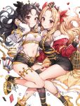  2girls absurdres ahoge anklet arm_up bangs bare_shoulders belt black_bow black_dress black_hair black_legwear black_shorts blonde_hair bow breasts closed_mouth crop_top dress earrings ereshkigal_(fate/grand_order) fate/grand_order fate_(series) floating_hair fur_trim gold_trim groin hair_bow highleg highres hoop_earrings ishtar_(fate)_(all) ishtar_(fate/grand_order) jacket jewelry large_breasts long_hair looking_at_viewer midriff mismatched_legwear multiple_girls navel off_shoulder open_clothes open_jacket parted_bangs parted_lips pillo red_bow red_eyes red_jacket shirt shoes short_shorts shorts single_thighhigh sleeveless sleeveless_dress sleeveless_turtleneck sneakers socks stomach thighhighs thighs tiara turtleneck turtleneck_dress white_background white_jacket white_shirt 