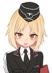  1girl armband bangs black_headwear black_jacket black_neckwear blonde_hair blush breast_pocket brown_eyes collared_shirt commentary_request eyebrows_visible_through_hair girls_frontline hat jacket looking_at_viewer military military_uniform mp40_(girls_frontline) necktie open_mouth parted_bangs pocket shirt simple_background smile solo sumiyao_(amam) uniform white_background wing_collar 
