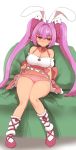  1girl animal_ears bangs bare_shoulders blush breasts bunny_ears cleavage closed_mouth couch di_gi_charat dice_hair_ornament dress eyebrows_visible_through_hair full_body hair_ornament highres knees_together_feet_apart large_breasts lavender_hair lifted_by_self long_hair looking_at_viewer neck_ribbon on_couch panties pink_footwear pink_panties ribbon sash shoes simple_background sitting skirt skirt_lift socks solo sumiyao_(amam) sweat twintails underwear usada_hikaru very_long_hair white_background white_dress white_legwear 