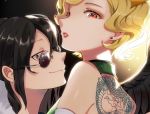  2girls back_tattoo bare_shoulders black_hair blonde_hair commentary_request from_behind kicchou_yachie kurokoma_saki lipstick looking_at_viewer looking_back makeup multiple_girls no_hat no_headwear parted_lips red_eyes red_lipstick round_eyewear satoupote short_hair sidelocks smile sunglasses tattoo touhou upper_body 